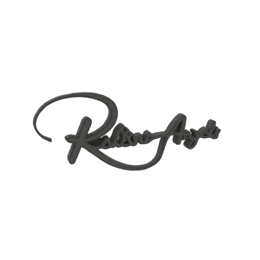3D model of the 'Rally Angels' logo in a stylized, metallic script font.