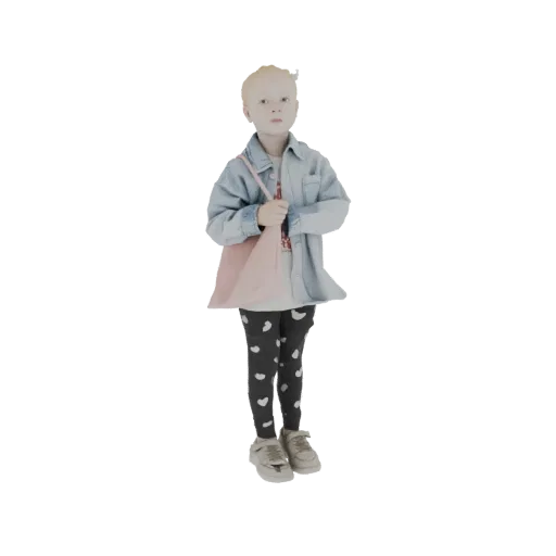 3D model of a young girl wearing a denim jacket, heart leggings, and holding a pink tote bag.