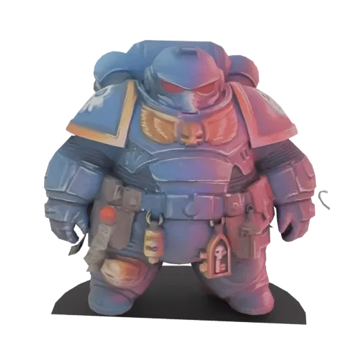 3D model render of a chubby Space Marine in blue armor with gold accents, featuring a stout physique and detailed armor.