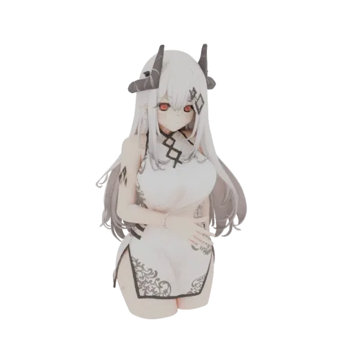 3D model of a white dragon girl with long white hair, black horns, red eyes, and a white dress with black patterns.