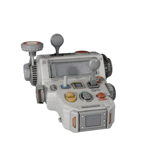 Sci Fi Control Lever 3D model, three-quarter front view, Unity viewport, showing metal hinges, form detail.