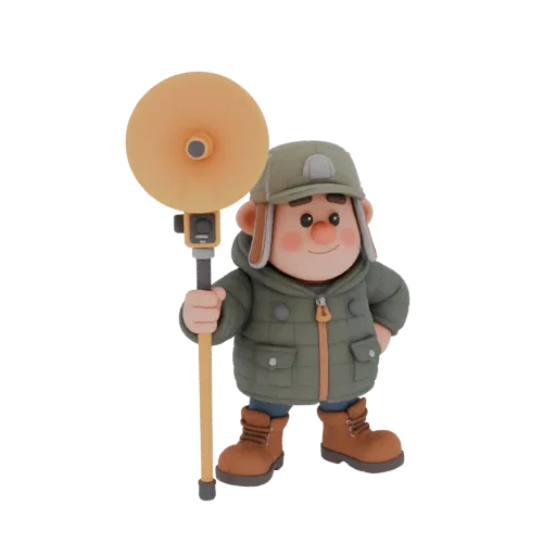 Modèle 3D de géomètre cartoon en chapka et veste matelassée, tenant une canne de géomètre avec récepteur GNSS.