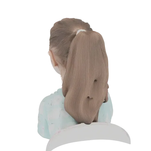 Back view of a 3D model of a young girl with a light brown ponytail tied with a white band.