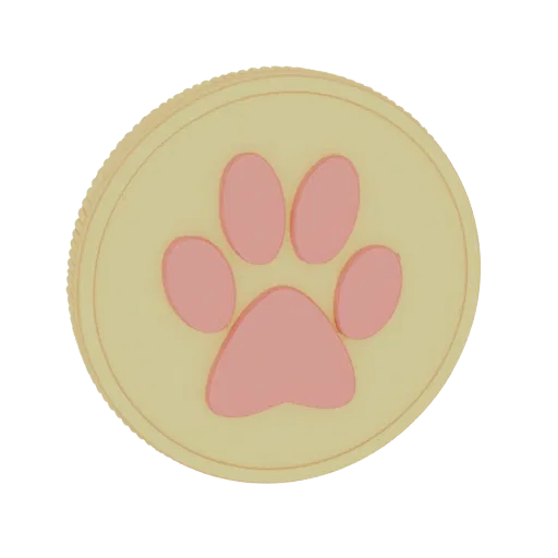 3D render of a yellow coin with a pink paw print in the center and a textured edge.