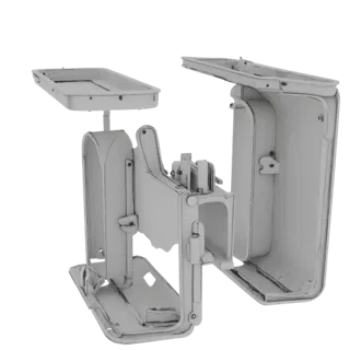 Modelo 3D de um kit de dois suportes brancos para manutenção de ar condicionado, exibidos sobre fundo branco.