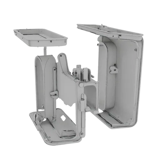 3D model of two white brackets for air conditioner servicing, shown on a white background.