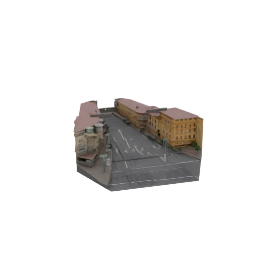 3D model of a European city block with yellow buildings and a cobblestone street, viewed from a high angle.