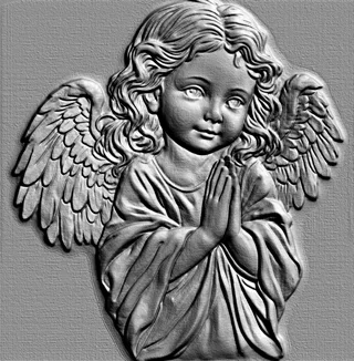 Bajorrelieve 3D de ángel en oración, vista frontal, con alas y vestimenta detalladas