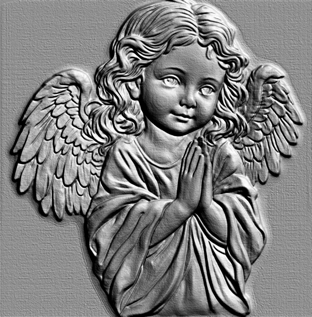 3D angel bas-relief in prayer, front view, with detailed wings and clothing