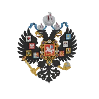 Modelo 3D del Escudo de Armas Imperial Ruso, un águila bicéfala negra con coronas, cetro y orbe, sobre fondo blanco.