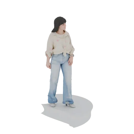 3D-Modell einer Frau in Marlenehosen und gebundenem Hemd auf weißer Basis.