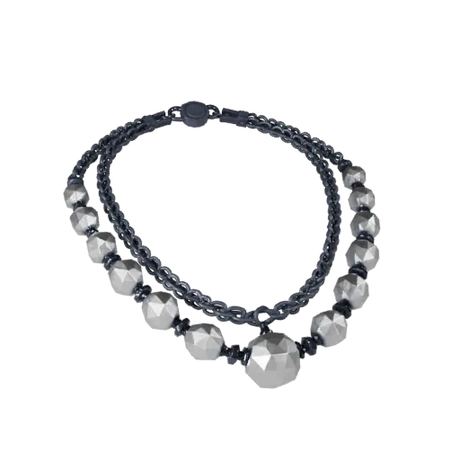 Sterling Silver Layered Pearl Necklace 3D model, game viewport three-quarter view, pearl surface.