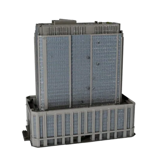 Art Deco Skyscraper high poly 3D model, close-up architectural render view, showing commercial office building materials and