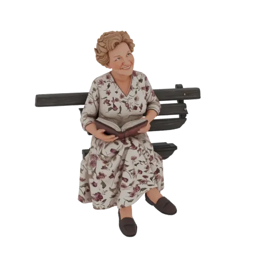 3D model of an elderly woman with curly hair, wearing a floral dress, sitting on a wooden bench and reading a book.