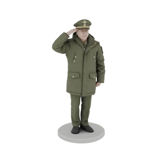 Modelo 3D de oficial militar con uniforme verde, con gorra y saludando.