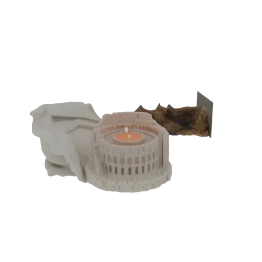 A detailed 3D model of the Roman Colosseum, designed as a candle holder with a lit tealight inside, set against a black backg