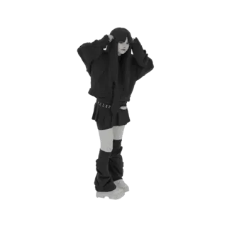 3D model of a Gothic Lolita girl with bunny ears, wearing a black pleated skirt, oversized hoodie, and leg warmers, in a play