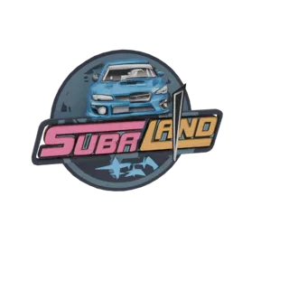 3D model of a blue Subaru WRX STI emblem with a miniature blue Subaru WRX STI car integrated into the design and the text 'SU