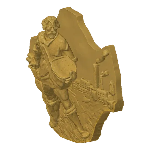 3D model of a bas-relief featuring a farmer sowing seeds with a factory in the background, rendered in a warm, golden hue.