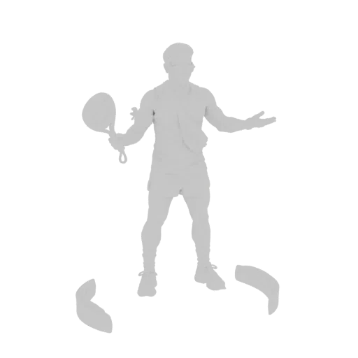 3D model of a male tennis player in a dynamic pose, holding a racquet and with a towel over his shoulder, on a white backgrou