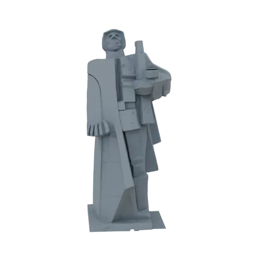 3D-Modell einer stilisierten Statue eines sowjetischen Soldaten, stramm stehend mit Gewehr, in Grau gerendert.