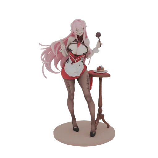3D model of an anime maid with pink hair, wearing a red and white outfit, holding a spoon and a cake.