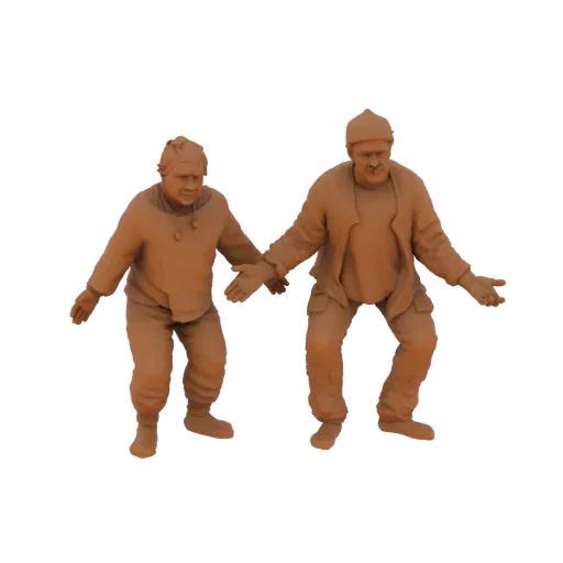 3D model of two men in winter clothing, one on the left wearing a hooded jacket and beanie, the other on the right in a jacke
