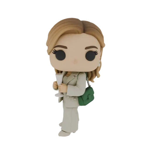 3D model of a Funko Pop-style woman in a beige suit, holding a champagne glass and a green handbag.