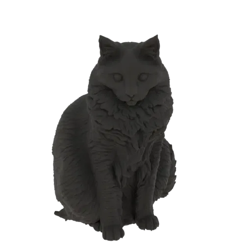 A 3D render of a fluffy cat sitting, with detailed fur texture and a gentle expression, against a black background.