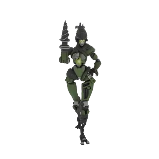 3D model render of a green robot character with a large drill on its right arm, standing in a dynamic pose against a white ba