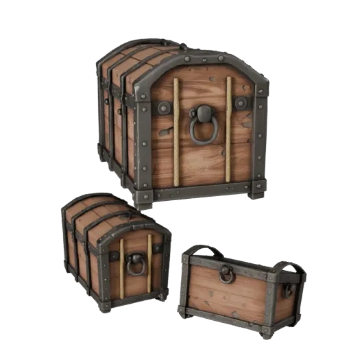 Pirate Supply Box Realistic 3D model, three-quarter studio render, showing wood planks, stackable massing.