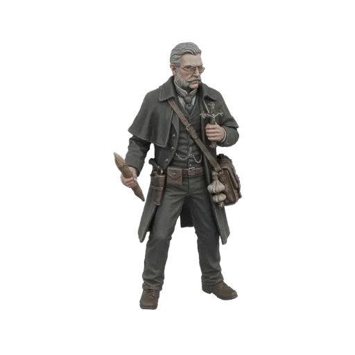 3D model of a Victorian vampire hunter holding a wooden stake and a crucifix, wearing a long coat and spectacles.