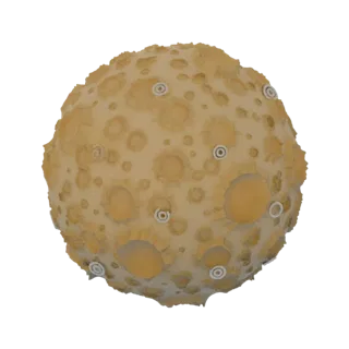 3D render of a spherical planetoid with a textured surface covered in craters, some of which have distinct white rings.