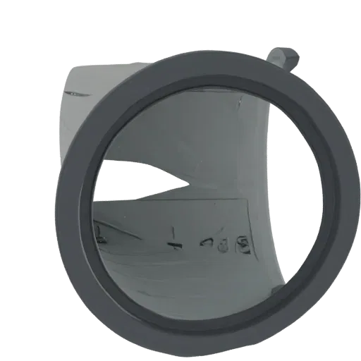 3D model of a futuristic industrial pipe connector with a dark gray circular flange and a gray, angular interior.