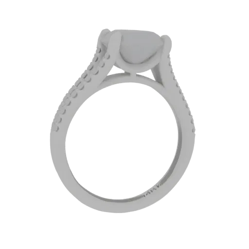 3D model of a white gold diamond engagement ring with a central oval-cut diamond and pavé-set side stones.