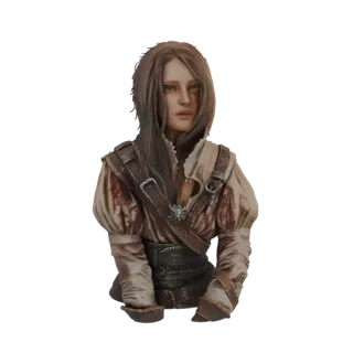 Busto 3D de Ciri de The Witcher, con cabello largo castaño, ojos verdes y túnica manchada de sangre con correas de cuero.