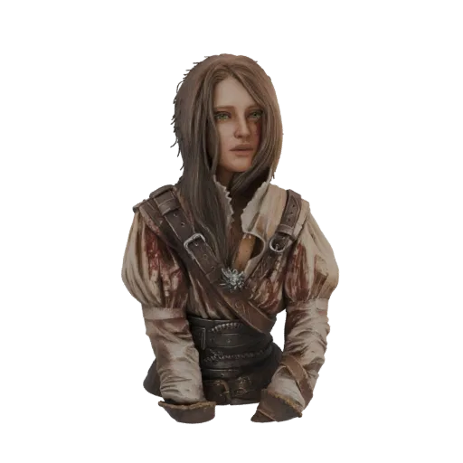 3D model bust of Ciri from The Witcher, with long brown hair, green eyes, and a blood-stained tunic with leather straps.