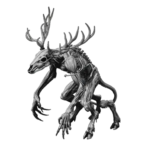 3D model of a grotesque creature with a skull-like face and large, branching antlers, posed menacingly against a black backgr