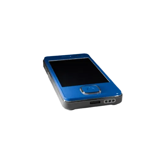 Compact Gaming Phone Low Poly 3D model, game viewport three-quarter view, showing glass screens, form detail.