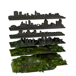 Ruined City Overgrowth Biome 3D model, game viewport three-quarter view, showing terrain layers, terrain detail.