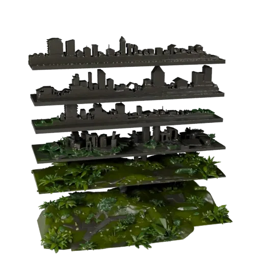 Modèle 3D de biomes de ville en ruine avec surcroissance, vue à trois quarts du viewport du jeu, montrant les couches de terr