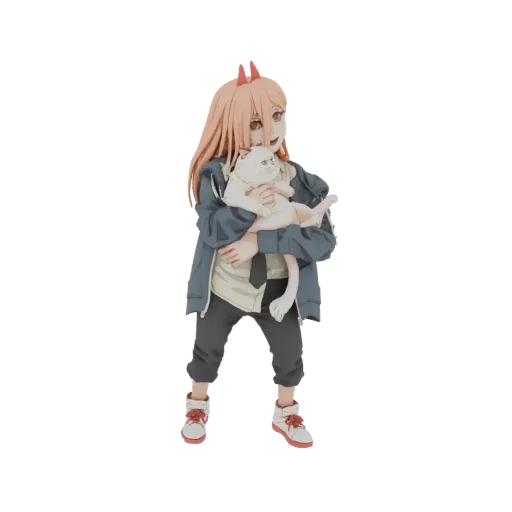 3D model of Power from Chainsaw Man holding her cat Nyako-Nyah, with blonde hair and horns.