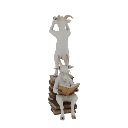 A 3D model of two white goats stacked on books; the bottom goat wears glasses and reads, the top goat looks through binocular