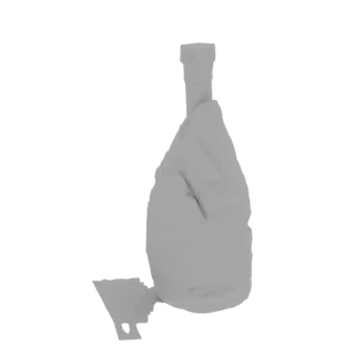 Un modelo 3D de una botella de vidrio que ha sido triturada, con trozos de etiqueta rasgada aún adheridos al vidrio.