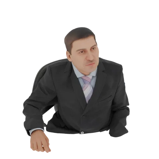 3D model of a man in a dark suit and a patterned tie, looking to the side.