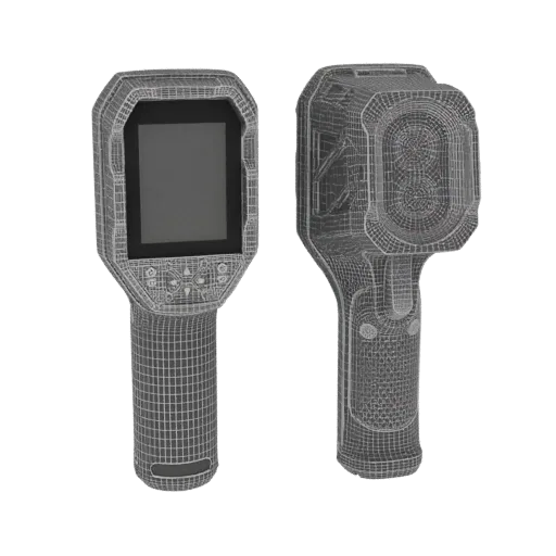 Wireframe 3D model of a handheld thermal imager, showing front and side views with screen and dual lenses.