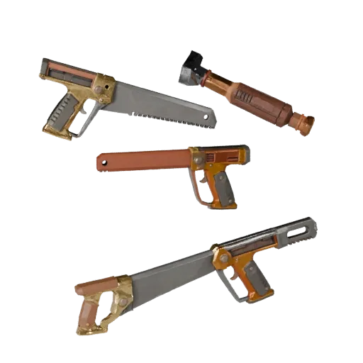Vintage Saw Low Poly 3D model, game viewport three-quarter view, showing painted metal, functional silhouettes.