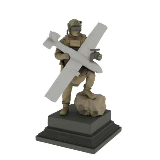 3D model of a soldier in tactical gear holding a white reconnaissance drone, standing on a rock atop a display base.