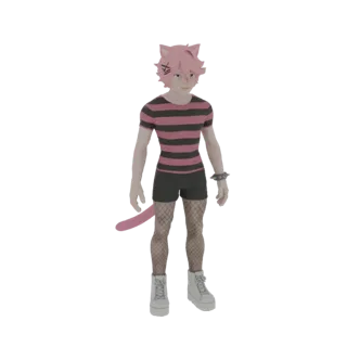 3D-Modell eines Anime-Katers mit pinken Haaren, gestreiftem Hemd, Shorts und Netzstrümpfen, mit Katzenohren und Schwanz.