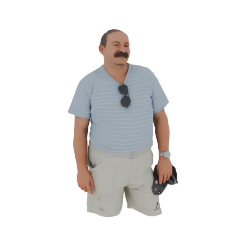 3D model of a man with a mustache and sunglasses, wearing a striped t-shirt and shorts, standing casually.